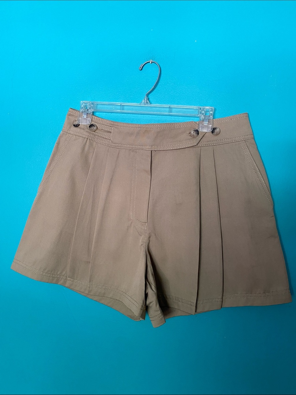 Zara High-Waist Pleated Shorts Khaki Twill Pocket L